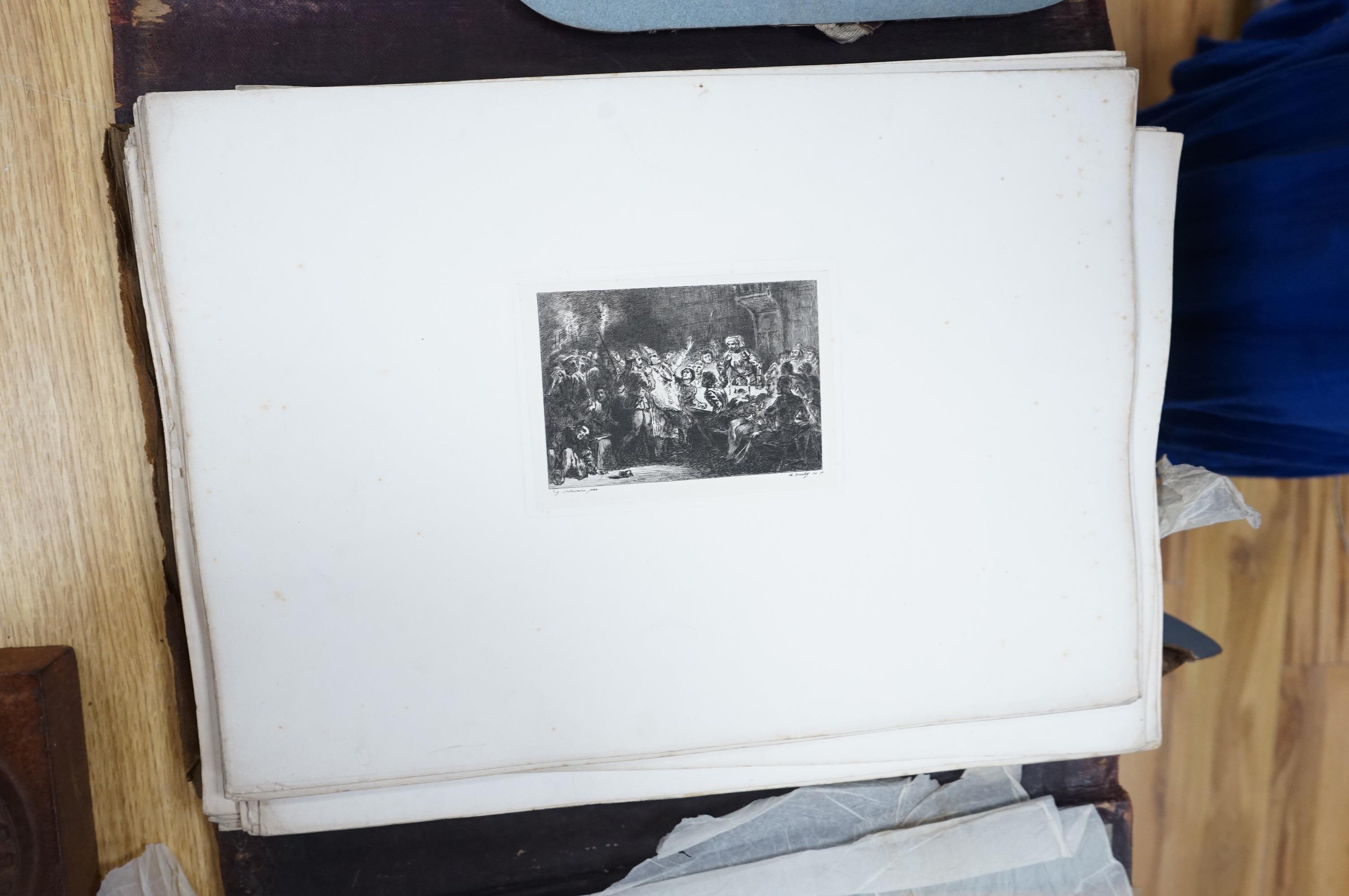 A large folio of etchings, to include after Eugene Delacroix, 'The mourning of Christ', each 45 x 32cm, housed in a leather folder